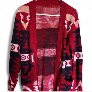 Geometric Patterned Red and Navy Women's Sweater